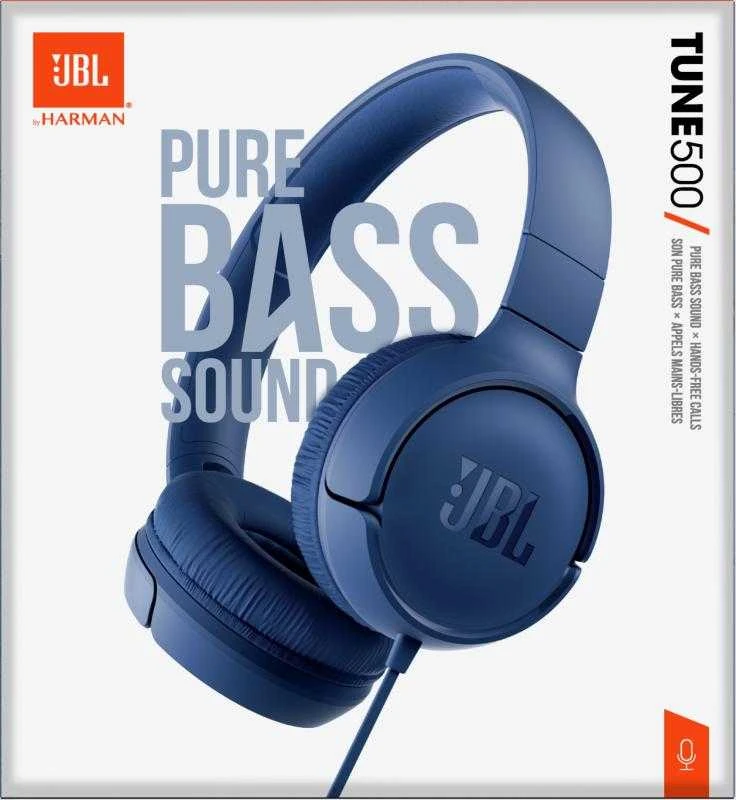 Lengvos ir patogios Ausinės JBL Tune 500 Pure Bass sound su mikrofonu mėlynos