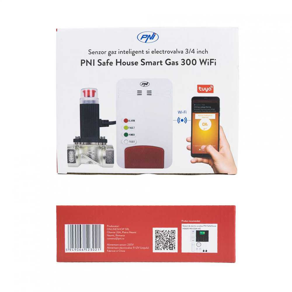 Išmanusis dujų jutiklių rinkinys ir PNI Safe House Smart Gas 300 WiFi solenoidinis vožtuvas su garsiniu įspėjimu, Tuya Smart mobilioji programėlė, integracija į išmaniuosius scenarijus ir automatizavimas su kitais suderinamais Tuya, Alexa ir Google Assistant produktais