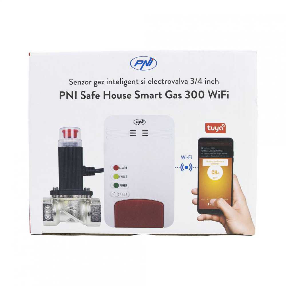 Išmanusis dujų jutiklių rinkinys ir PNI Safe House Smart Gas 300 WiFi solenoidinis vožtuvas su garsiniu įspėjimu, Tuya Smart mobilioji programėlė, integracija į išmaniuosius scenarijus ir automatizavimas su kitais suderinamais Tuya, Alexa ir Google Assistant produktais