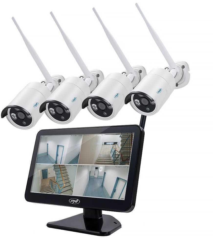 Vaizdo stebėjimo rinkinys PNI House WiFi650 – 4 Full HD „Wi-Fi“ P2P kameros ir 12 colių LCD monitorius