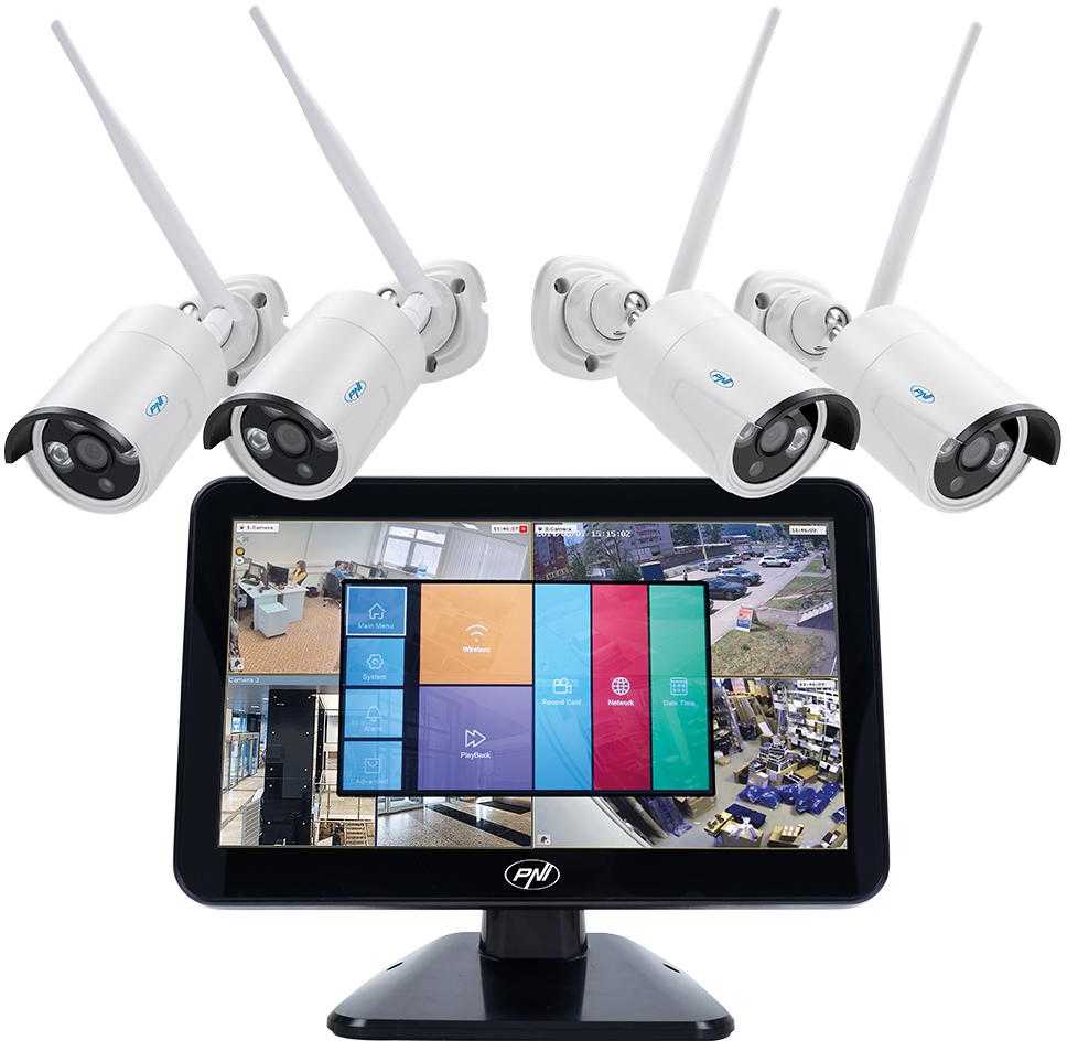 Vaizdo stebėjimo rinkinys PNI House WiFi650 – 4 Full HD „Wi-Fi“ P2P kameros ir 12 colių LCD monitorius