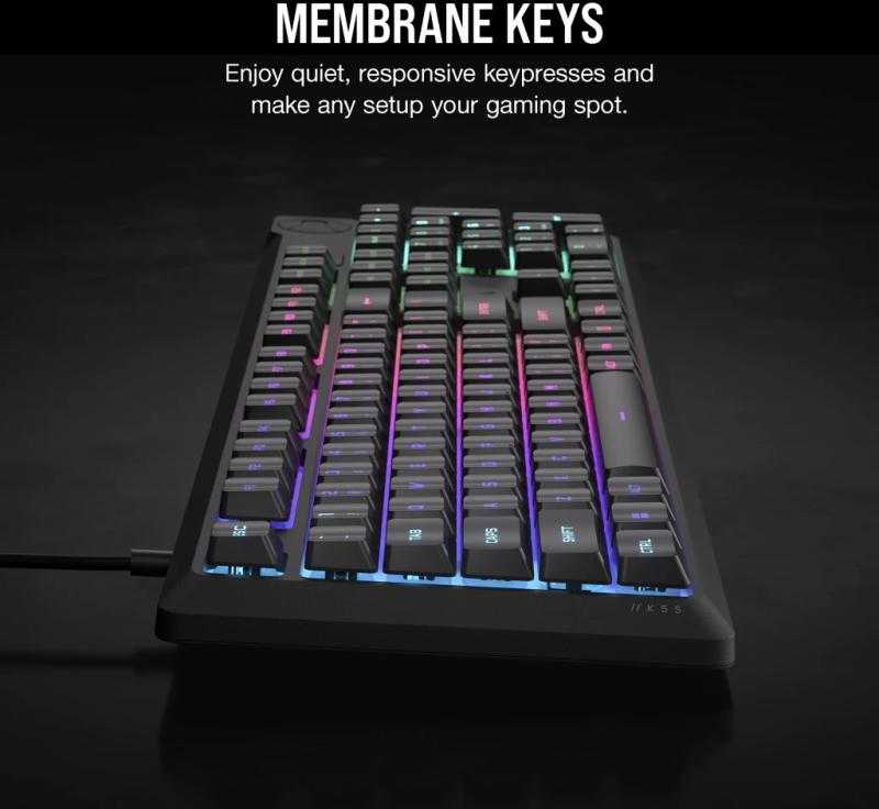 Žaidimų klaviatūra CORSAIR K55 CORE RGB USB 2.0 arba A tipo, laidinė, su guminiais kupoliniais klavišų jungikliais, 1000 Hz pranešimų dažnis, pilka