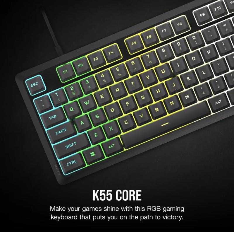 Žaidimų klaviatūra CORSAIR K55 CORE RGB USB 2.0 arba A tipo, laidinė, su guminiais kupoliniais klavišų jungikliais, 1000 Hz pranešimų dažnis, pilka