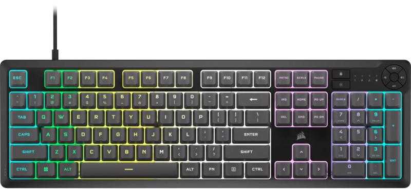 Žaidimų klaviatūra CORSAIR K55 CORE RGB USB 2.0 arba A tipo, laidinė, su guminiais kupoliniais klavišų jungikliais, 1000 Hz pranešimų dažnis, pilka