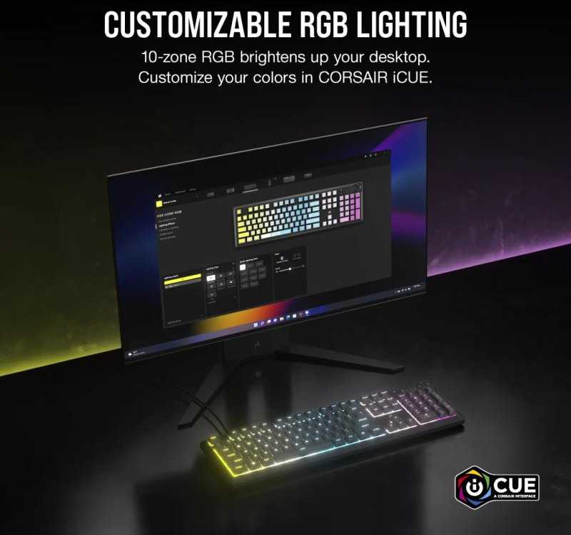 Žaidimų klaviatūra CORSAIR K55 CORE RGB USB 2.0 arba A tipo, laidinė, su guminiais kupoliniais klavišų jungikliais, 1000 Hz pranešimų dažnis, pilka