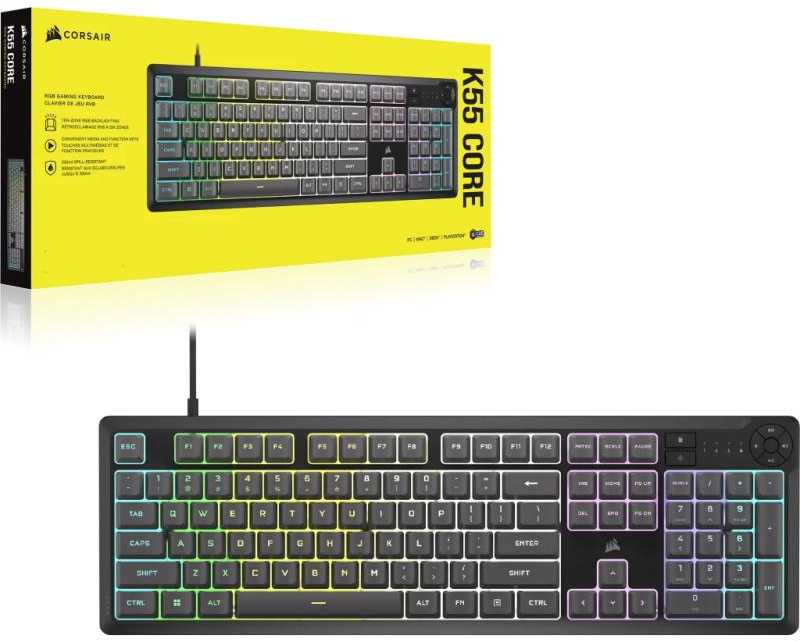 Žaidimų klaviatūra CORSAIR K55 CORE RGB USB 2.0 arba A tipo, laidinė, su guminiais kupoliniais klavišų jungikliais, 1000 Hz pranešimų dažnis, pilka