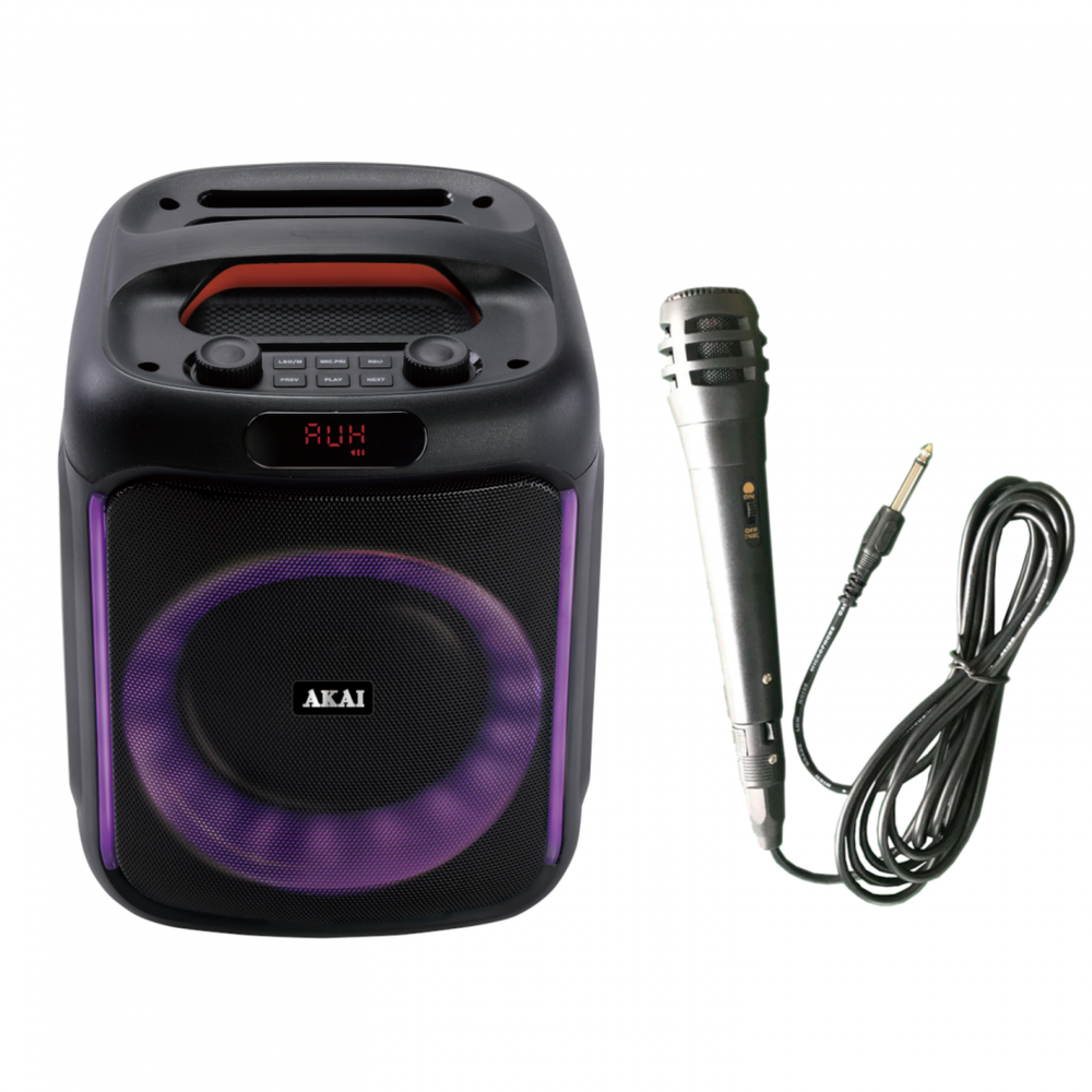 Nešiojama kolonėlė Akai „Bluetooth 5.0“, RMS galia 50 W, „Bluetooth“ kanalo emisijos galia 2 dBm, FM radijo dažnis: 87,5–108 MHz, dažnių juosta 55 Hz–20 kHz, maitinimo šaltinis: 5 V / 1 A, baterija: 7,4 V, 1500 mAh, garsiakalbio dydis 6,5 colio*1, įkrovimo laikas