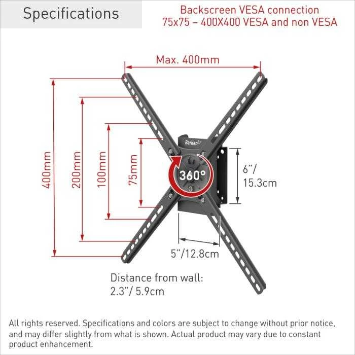 Barkan Laikiklis televizoriaus sieninis laikiklis 13-65 colių LED/LCD televizoriui, 36 kg, vertikalus-horizontalus sukimasis