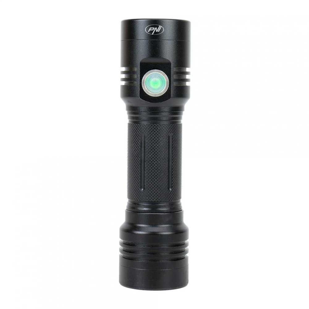 Aliumininis PNI Adventure F200 dvigubas LED žibintuvėlis, 4000mAh baterija ir micro USB jungtis, 3 LED su plačia diafragma ir vienas su fokusavimo funkcija, abu turi 3 galios lygius