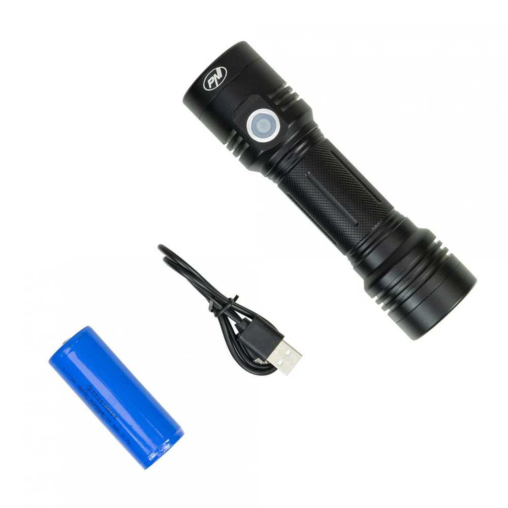 Aliumininis PNI Adventure F200 dvigubas LED žibintuvėlis, 4000mAh baterija ir micro USB jungtis, 3 LED su plačia diafragma ir vienas su fokusavimo funkcija, abu turi 3 galios lygius