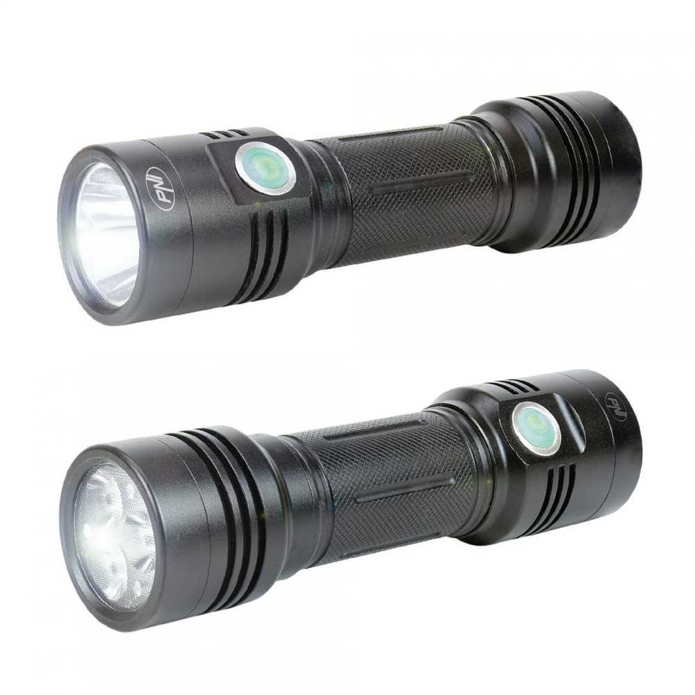 Aliumininis PNI Adventure F200 dvigubas LED žibintuvėlis, 4000mAh baterija ir micro USB jungtis, 3 LED su plačia diafragma ir vienas su fokusavimo funkcija, abu turi 3 galios lygius