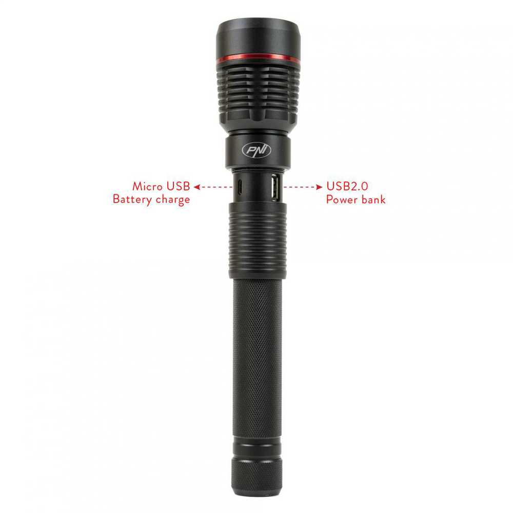 PNI Adventure F450 aliumininis žibintuvėlis su fokusavimo ir BOOST funkcija, 20 W LED, 1500 lm iki 450 m, išorinė baterija su USB išvestimi, micro USB įkrovimas, 4400 mAh baterija komplekte, veikia 10 valandų nepertraukiamai