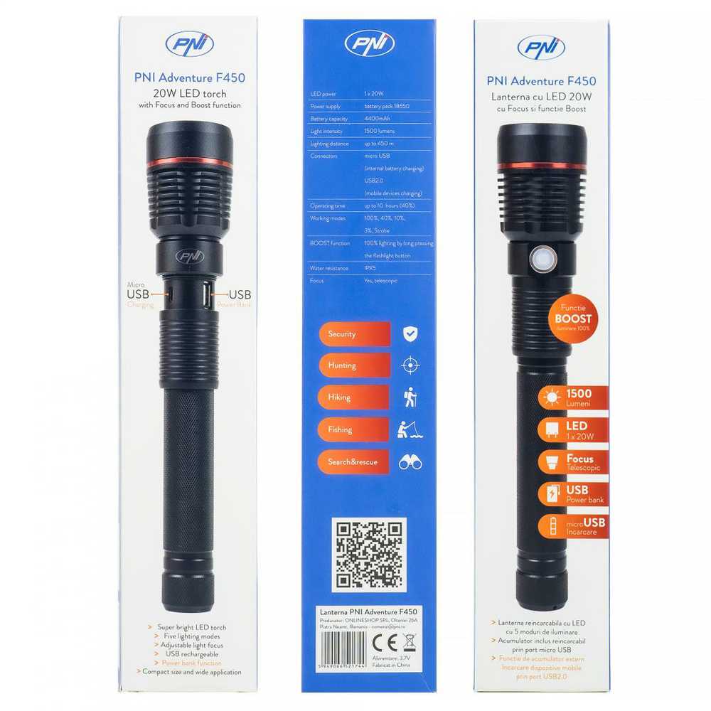 PNI Adventure F450 aliumininis žibintuvėlis su fokusavimo ir BOOST funkcija, 20 W LED, 1500 lm iki 450 m, išorinė baterija su USB išvestimi, micro USB įkrovimas, 4400 mAh baterija komplekte, veikia 10 valandų nepertraukiamai