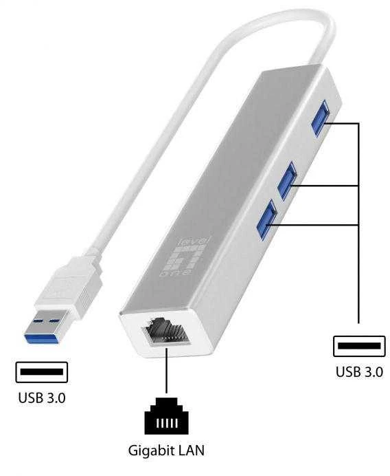 Level One USB šakotuvas LevelOne 1x RJ-45 + 3x USB-A 3.0 (USB-0504)