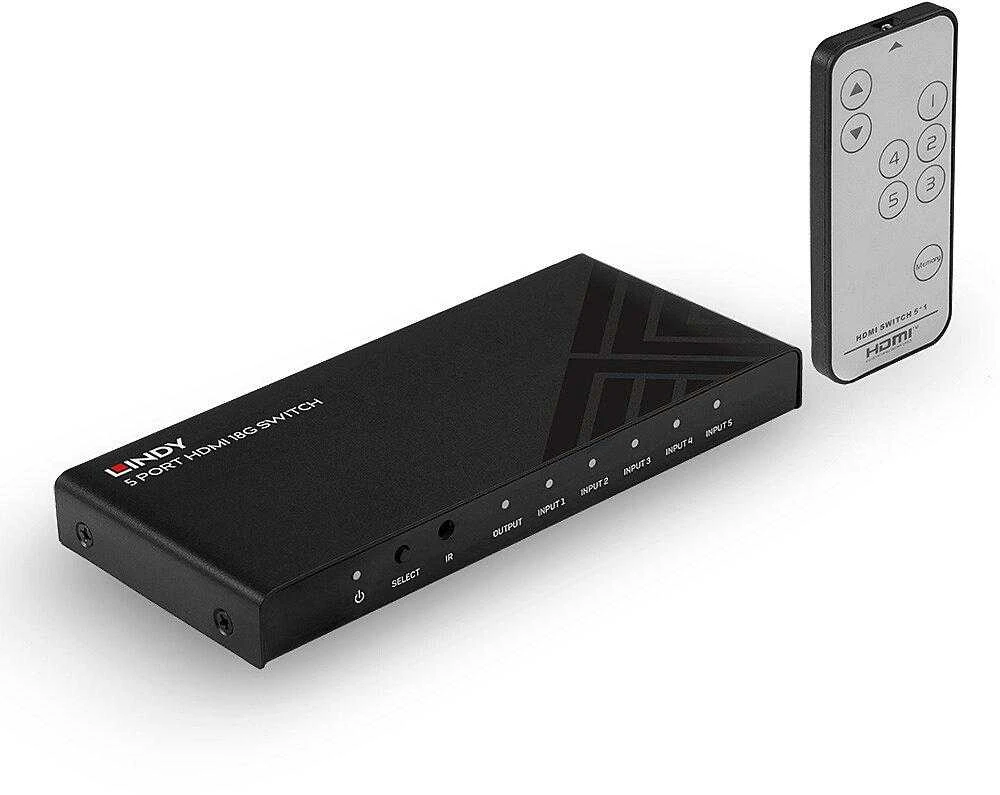 AV Jungiklis - LINDY 5 Prievadų HDMI 18G Jungiklis, 4K@60Hz, Juodas