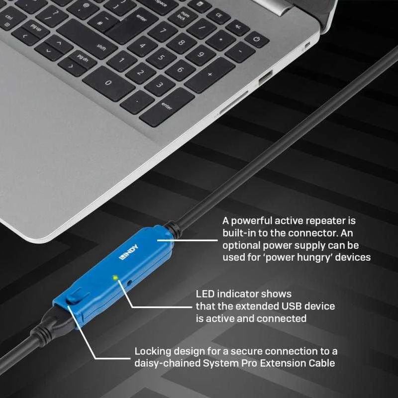 USB Prailginimo Laidas - LINDY USB 3.0 Prailginimo Laidas Pro Extend Type M/F, 10 m, Juodas