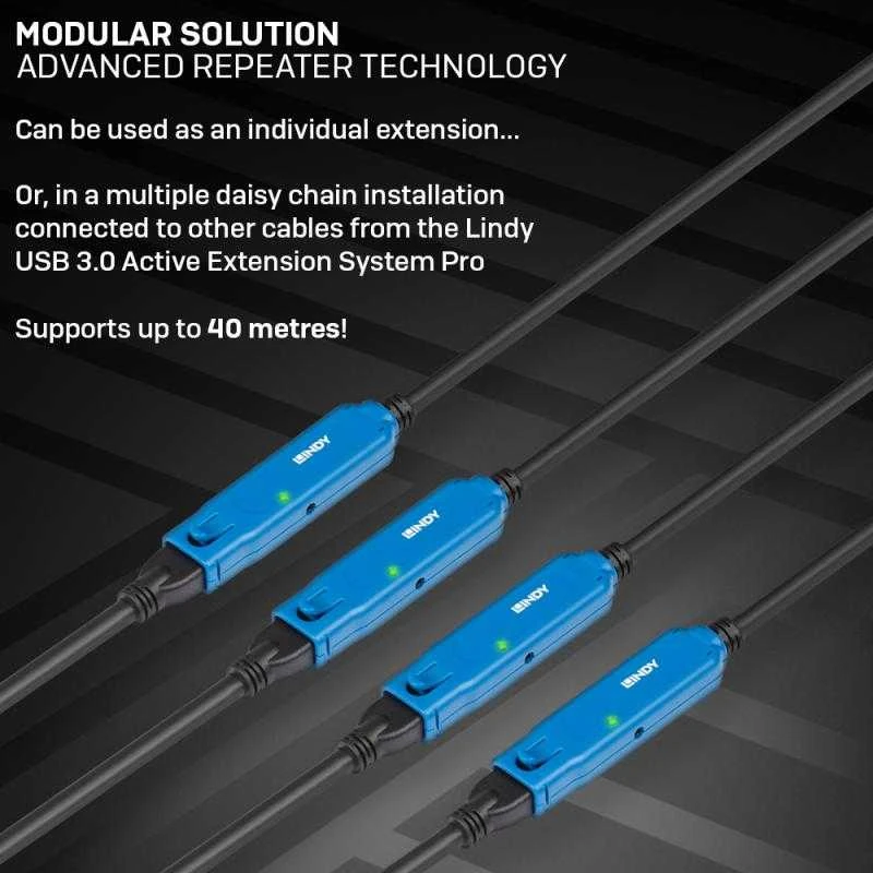 USB Prailginimo Laidas - LINDY USB 3.0 Prailginimo Laidas Pro Extend Type M/F, 10 m, Juodas
