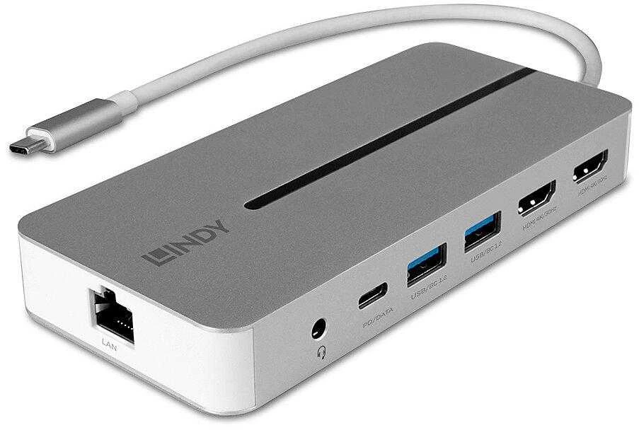 USB-C Dokavimo Stotis - LINDY DST-Mx Duo, USB-C Nešiojamojo Kompiuterio/MacBook Mini Dokų Stotis, PD 3.0 100W, USB 3.2 Gen 1, Gigabit Ethernet, Audio, Baltas