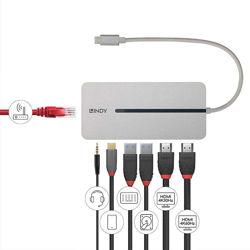 USB-C Dokavimo Stotis - LINDY DST-Mx Duo, USB-C Nešiojamojo Kompiuterio/MacBook Mini Dokų Stotis, PD 3.0 100W, USB 3.2 Gen 1, Gigabit Ethernet, Audio, Baltas