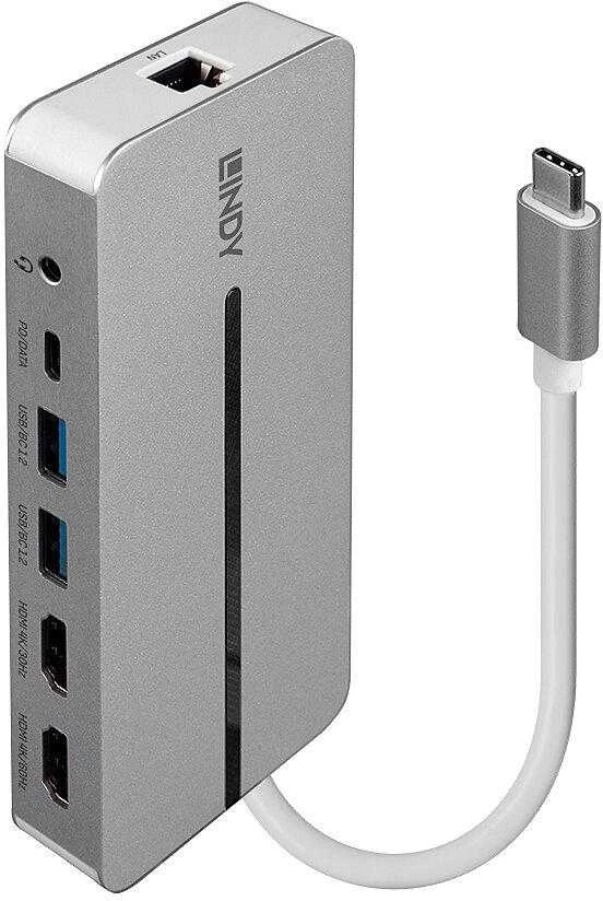 USB-C Dokavimo Stotis - LINDY DST-Mx Duo, USB-C Nešiojamojo Kompiuterio/MacBook Mini Dokų Stotis, PD 3.0 100W, USB 3.2 Gen 1, Gigabit Ethernet, Audio, Baltas