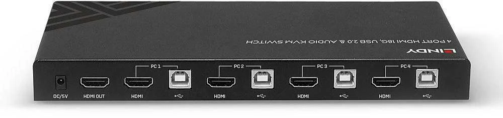 KVM Switch - LINDY 4 Prievadų HDMI 4K60, USB 2.0 ir Garso KVM Jungiklis, Juodas