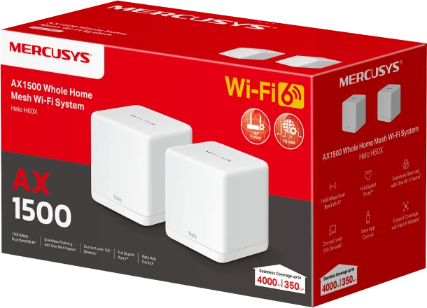 Maršrutizatorius Mercusys | AX1500 viso namo tinklelio „Baltas WiFi 6“ sistema | „Halo H60X“ (2 vnt. pakuotė) | 802.11ax | 10/100/1000 Mbit/s | Ethernet LAN (RJ-45) jungtys 1 | Tinklo palaikymas: Taip | MU-MiMO: Taip | Ne, mobilusis plačiajuostis ryšys:
