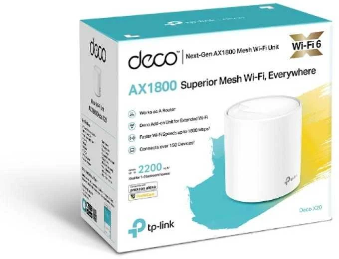 Maršrutizatorius TP-Link Deco X20(1-pack) AX1800 viso namo tinklelio „Wi-Fi 6“ sistema | TP-LINK | Deco X20(1-pack) AX1800 viso namo tinklelio „Wi-Fi 6“ sistema | AX1800 | 802.11ax | 1201 Mb/s | Ethernet LAN (RJ-45) jungtys 1 | Tinklo palaikymas: Taip | MU-MiMO: Taip | Ne, mobilusis plačiajuostis ryšys | Antenos tipas: Vidinė