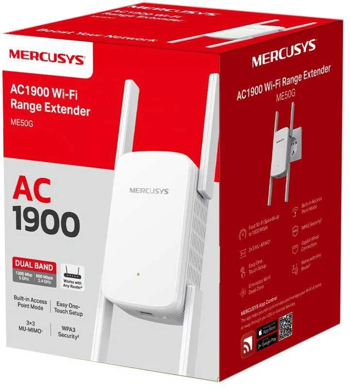 Maršrutizatorius Mercusys | AC1900 Wi-Fi diapazono plėstuvas | ME50G | 802.11ac | Tinklelio atramos Nr. | 600+1300 Mbit/s | 10/100/1000 Mbit/s | Ethernet LAN (RJ-45) jungtys 1 | Nėra mobiliojo plačiajuosčio ryšio | MU-MiMO Nr. | nėra PoE | Antenos tipas Išorinė