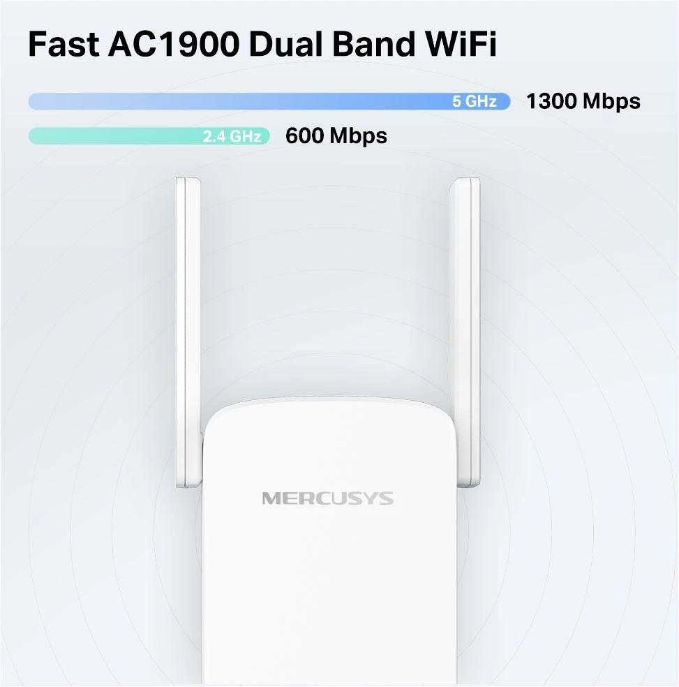 Maršrutizatorius Mercusys | AC1900 Wi-Fi diapazono plėstuvas | ME50G | 802.11ac | Tinklelio atramos Nr. | 600+1300 Mbit/s | 10/100/1000 Mbit/s | Ethernet LAN (RJ-45) jungtys 1 | Nėra mobiliojo plačiajuosčio ryšio | MU-MiMO Nr. | nėra PoE | Antenos tipas Išorinė