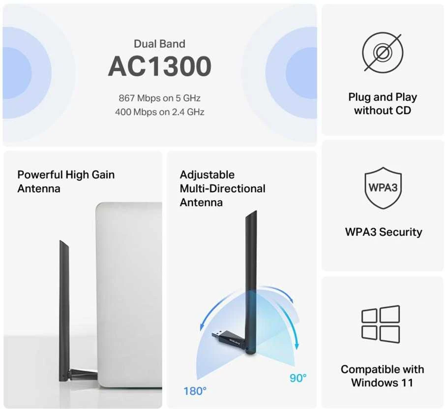 Mercusys AC1300 High Gain Wi-Fi USB adapteris | MA30H