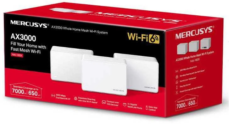 Maršrutizatorius Mercusys | AX3000 viso namo tinklelio „WiFi 6“ sistema su „PoE“ | „Halo H80X“ (3 vnt. pakuotė) | 802.11ax | 574+2402 Mbit/s | 10/100/1000 Mbit/s | Ethernet LAN (RJ-45) jungtys 3 | Tinklo palaikymas: Taip | MU-MiMO: Taip | Ne, mobilusis plačiajuostis ryšys | Antenos tipas: Vidinė
