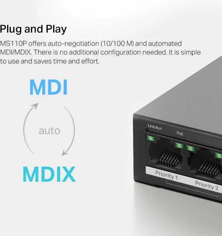 Šakotuvas Mercusys 10 prievadų 10/100 Mbps darbalaukio jungiklis su 8 prievadų PoE+ | Mercusys