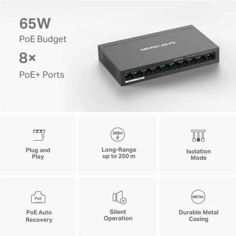 Šakotuvas Mercusys 10 prievadų 10/100 Mbps darbalaukio jungiklis su 8 prievadų PoE+ | Mercusys