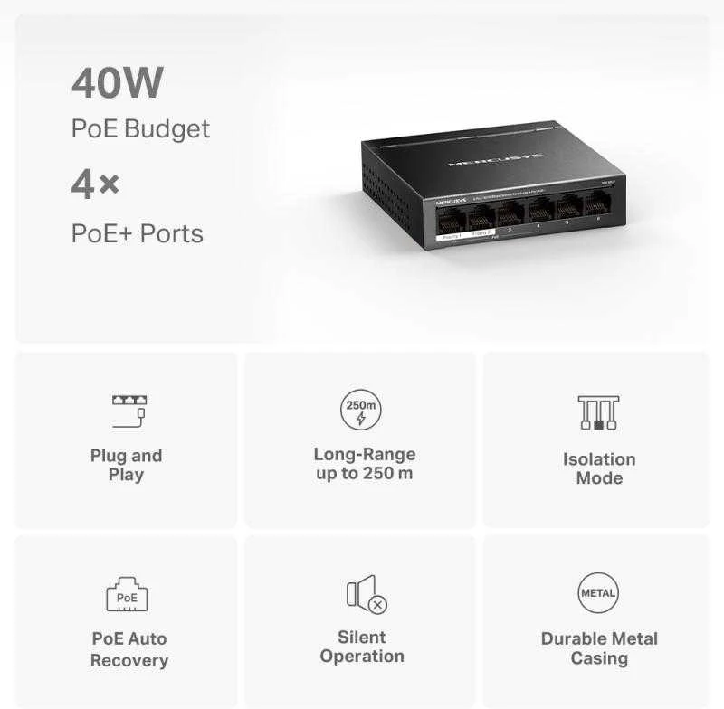 Šakotuvas „Mercusys“ | MS106LP | 6 prievadų 10/100 Mbps stalinis komutatorius su 4 prievadų „PoE+“ | Stalinis | 10/100 Mbps (RJ-45) kiekis: 6