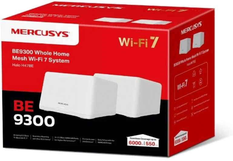 Maršrutizatorius MERCUSYS HALO H47BE WHOLE MESH WIFI 7 2PACK, Tri-Band, Standartinis belaidis: 6 GHz: IEEE 802.11be, 5 GHz: IEEE 802.11b/g/n/ac/ax/be mix, 2.4 GHz: IEEE 80g/2. n/ax mišrus, Viteza bevielis: 5760 Mbps esant 6 GHz, 2880 Mbps esant 5 GHz, 574 Mbps esant 2,4 GHz, Matmenys: 170 × 122,4 × 103,5 mm, Interfata: 3