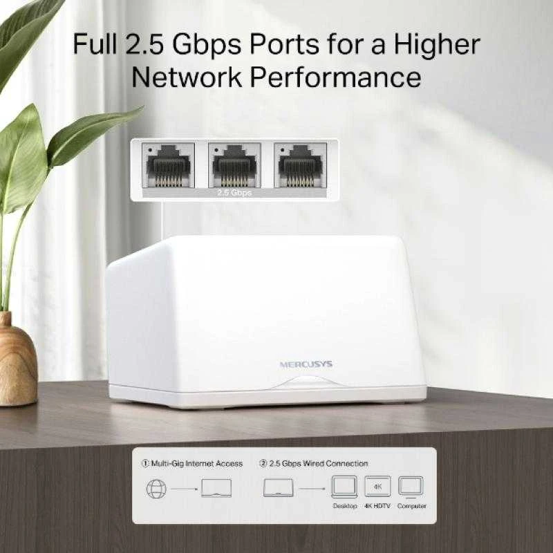 Maršrutizatorius MERCUSYS HALO H47BE WHOLE MESH WIFI 7 2PACK, Tri-Band, Standartinis belaidis: 6 GHz: IEEE 802.11be, 5 GHz: IEEE 802.11b/g/n/ac/ax/be mix, 2.4 GHz: IEEE 80g/2. n/ax mišrus, Viteza bevielis: 5760 Mbps esant 6 GHz, 2880 Mbps esant 5 GHz, 574 Mbps esant 2,4 GHz, Matmenys: 170 × 122,4 × 103,5 mm, Interfata: 3