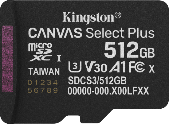 „Kingston Technology“ 512 GB „micSDXC Canvas Select Plus Gen3 150R A1“ atminties kortelės pakuotė be ADP