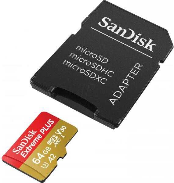 Atminties kortelė SanDisk Extreme PLUS Micro SDXC 64GB + SD adapteriai + 2 metai RescuePRO Deluxe iki 200MB/s & 90MB/s Skaitymo/Rašymo greitis A2 C10 V30 UHS-I U8, EAN: 619659189150