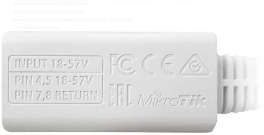 MikroTik GPOE adapteris su specifikacijų įrašais