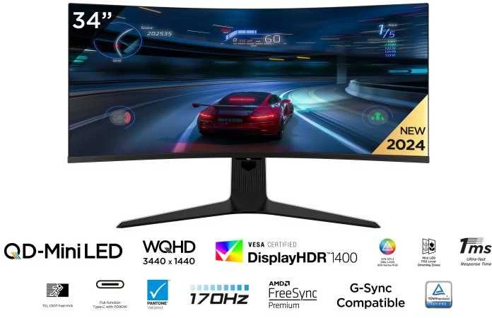 Monitorius TCL 34" 34R83Q, Išlinkis: 1500R, Įstrižainė (coliai): 34, Įstrižainė (cm): 86, Kraštinių santykis: 21:9, Ekranas: QD-Mini LED, Raiška: 3440x1440, Atnaujinimo dažnis: 170 Hz, Atsako laikas (GtG): 1 ms, Ryškumas (maks.): 1600 cd/m², Kontrastas (statinis): 4000:1, Matymo kampas: 178/178, Spalvų gama: DCI-P3