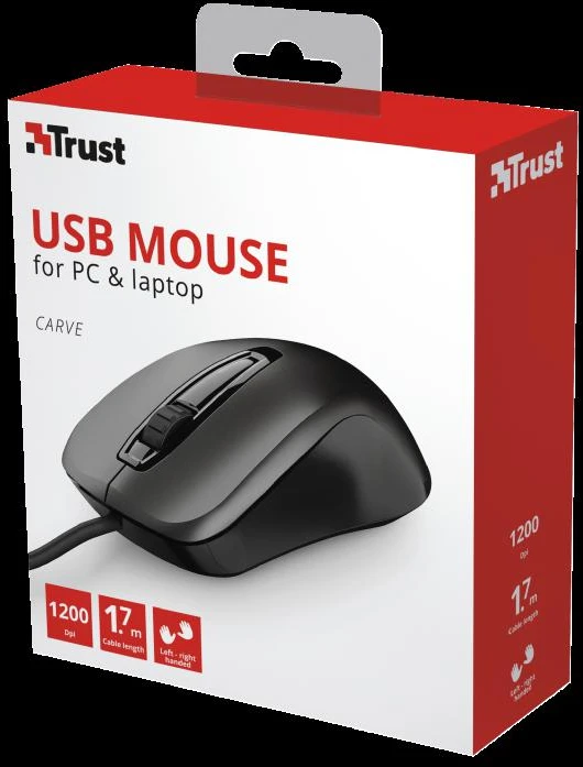 „Trust Carve“ pelė biurui, skirta abiem rankoms, USB A tipo optinis, 1200 DPI