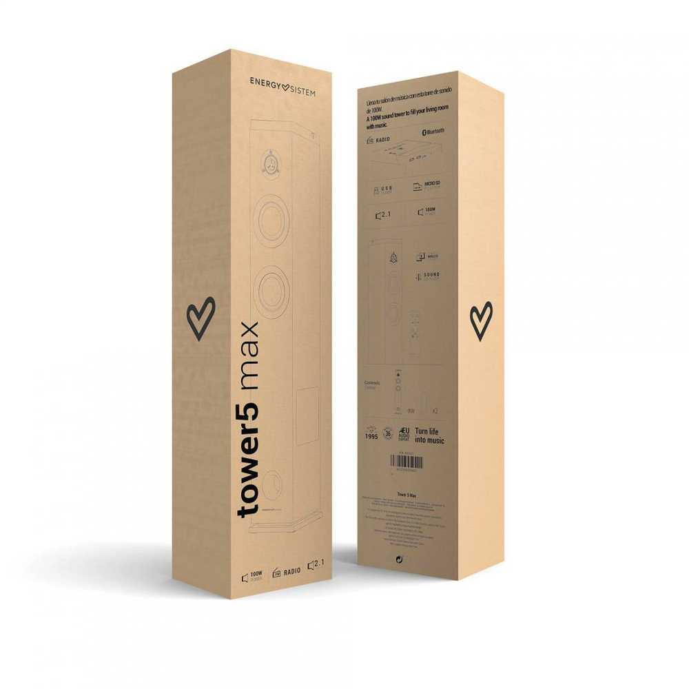 Energy Sistem Garso sistema 2.1 Energy System Tower 5 MAX, „Bluetooth 5.3“, 3,5 mm lizdo sąsaja, galia: 100 W, dažnių juosta 40 Hz ~ 18 kHz, FM dažnis: 87,5–108 MHz, ekranas: LED, atminties kortelių palaikymas: „Micro SD“ ir USB atmintinės iki 128 GB, pridedamas nuotolinio valdymo pultas, medžiaga: mediena, matmenys