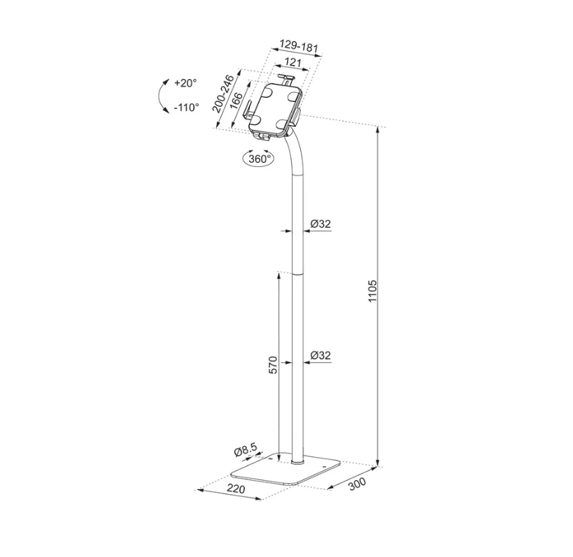 Laikiklis NEOMOUNTS BY NEWSTAR FL15-625BL1 TILT- AND ROTATABLE Planšetė FLOOR STAND FOR 7,9-11" TABLETS - Juodas