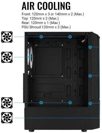 „Aerocool Quantum Mesh v3 Midi-Tower“, RGB, grūdintas stiklas - juodos spalvos