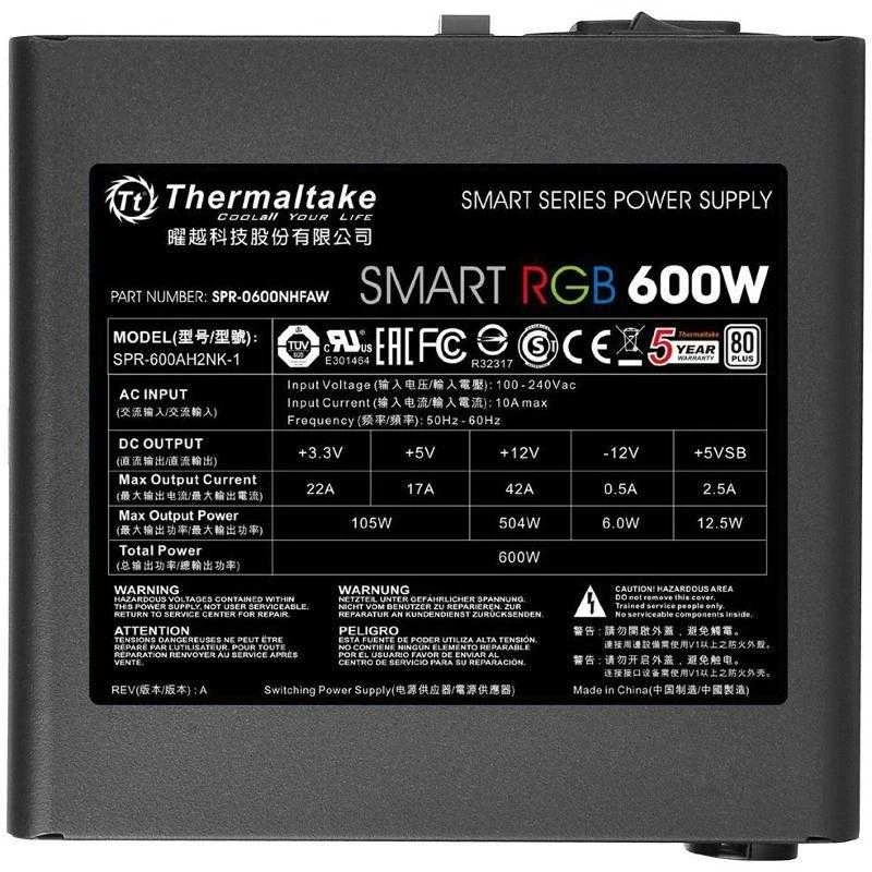 Maitinimo šaltinis Thermaltake Smart 600W RGB PS-SPR-0600NHSAWE-1 (600 W, aktyvus, 120 mm)