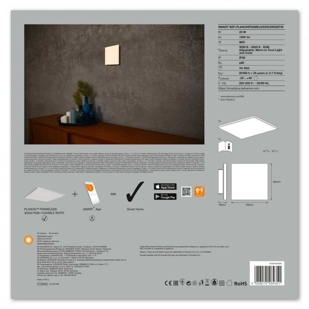 Ledvance SMART+ WiFi Planon Frameless Square RGBW | Derinamas Baltas/RGB