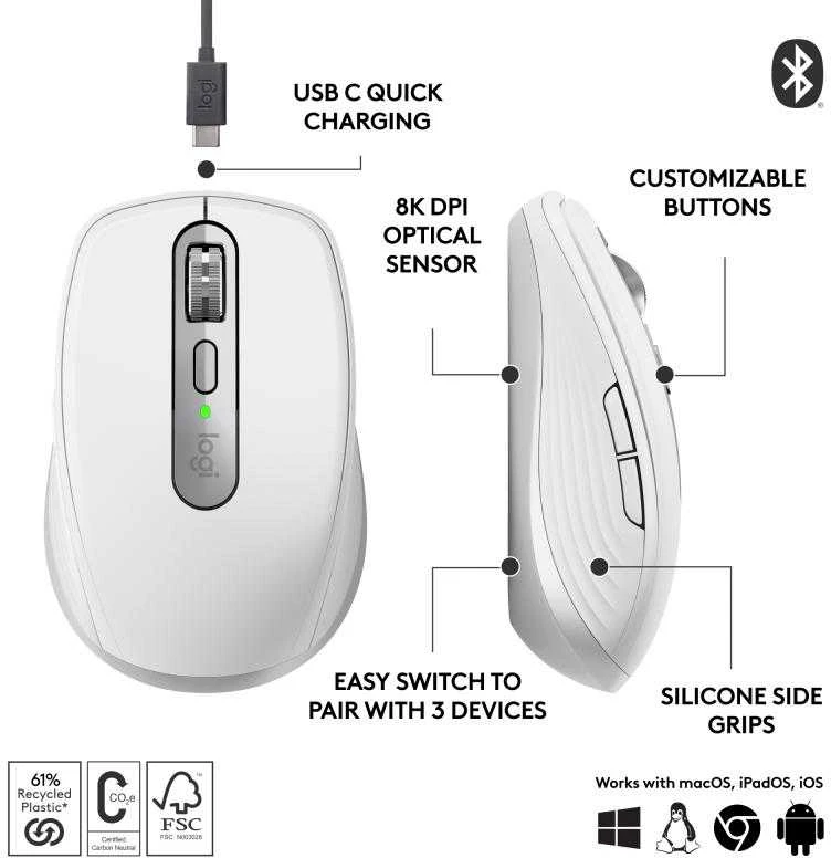 Belaidė pelė Logitech MX Anywhere 3S - RF belaidė + Bluetooth, lazerinis, 8000 DPI, Pale Pilkas (Baltas)