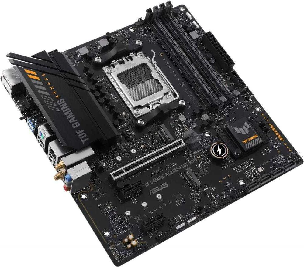 Pagrindinė plokštė Asus | TUF GAMING A620M-PLUS WIFI | Procesorių šeima AMD | Procesoriaus lizdas AM5 | DDR5 DIMM | Atminties lizdai 4 | Palaikomos standžiojo disko sąsajos SATA, M.2 | SATA jungčių skaičius 4 | Lustų rinkinys AMD A620 | Mikro-ATX