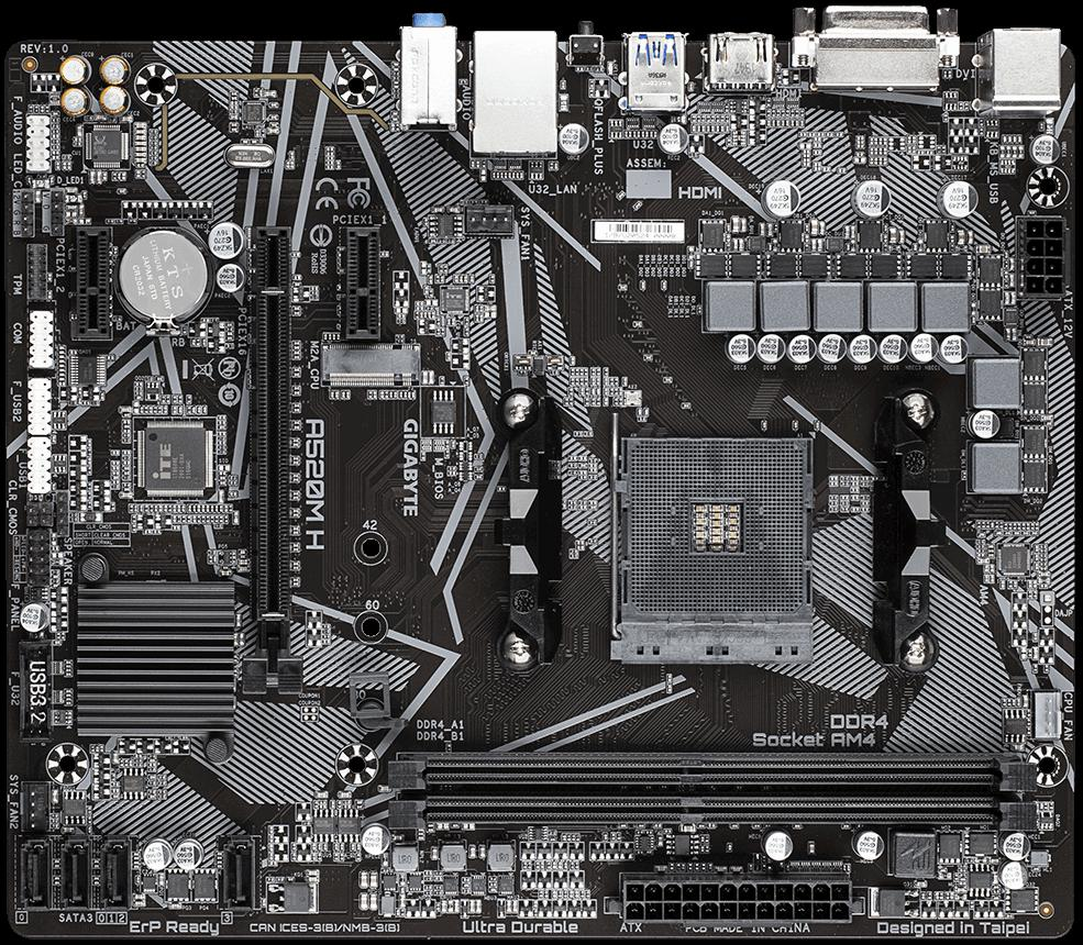 Pagrindinė plokštė Gigabyte | A520M H 1.0 | Processor family AMD | Processor socket AM4 | DDR4 DIMM | Atminties lizdai 2 | Chipset AMD A | Micro ATX