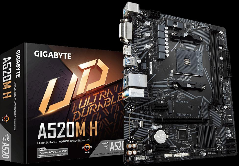 Pagrindinė plokštė Gigabyte | A520M H 1.0 | Processor family AMD | Processor socket AM4 | DDR4 DIMM | Atminties lizdai 2 | Chipset AMD A | Micro ATX